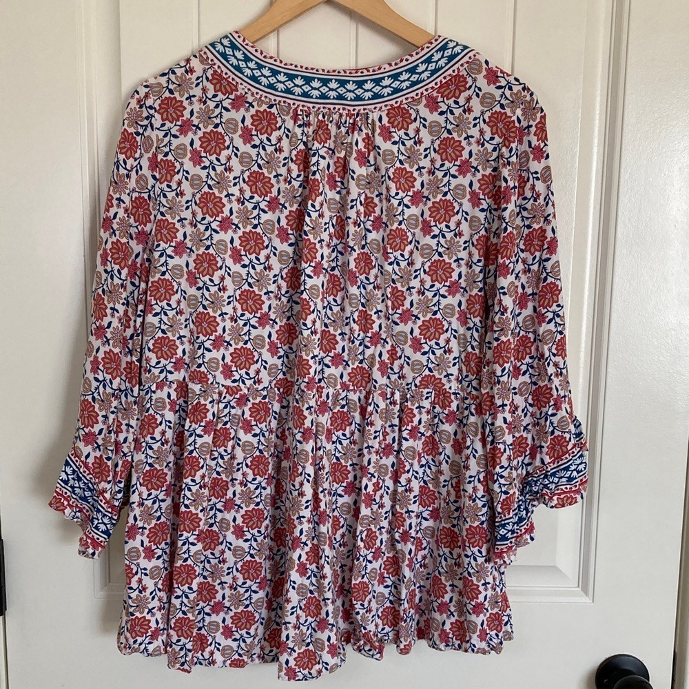 Cynthia Rowley Womens Floral V-Neck Boho Blouse Rust Blue Size 1X 3/4 Sleeve - Picture 8 of 9